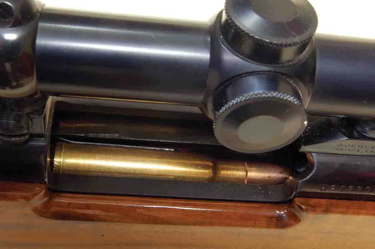 The Weatherby Mark V magazine is just long and wide enough to hold two cartridges.